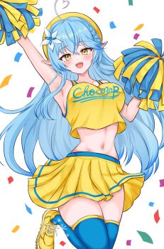 1girl ahoge arlonn arm_up armpits bare_shoulders blue_hair breasts cheerleader commentary_request confetti cowboy_shot cropped_shirt elf heart heart_ahoge highres hololive large_breasts midair miniskirt navel pink_hair pointy_ears pom_pom_(cheerleading) shirt simple_background skirt solo virtual_youtuber white_background yellow_eyes yellow_shirt yellow_skirt yukihana_lamy