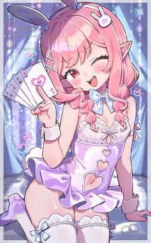 1girl :d animal_ear_hairband animal_ears armpit_crease between_fingers blue_bow blue_bowtie bow bowtie braid breasts card card_between_fingers clothing_cutout commission detached_collar fake_animal_ears fake_tail frilled_leotard frills hair_ornament hairband heart_cutout highres holding indie_virtual_youtuber leotard long_hair looking_at_viewer navel_cutout one_eye_closed open_mouth pink_hair pink_nails playboy_bunny pointy_ears purple_shoes rabbit_ears rabbit_hair_ornament rabbit_tail red_eyes shoes skeb_commission skindentation small_breasts smile solo strapless strapless_leotard tail teeth thighhighs trente twin_braids upper_teeth_only virtual_youtuber white_hairband white_leotard white_thighhighs white_wrist_cuffs wrist_cuffs x_hair_ornament yanagi_mimi