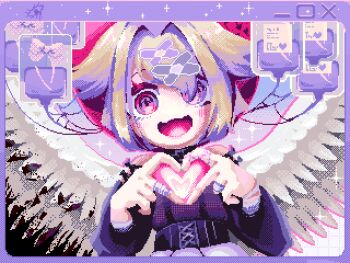 1girl :3 :d angel bandaid bandaid_hair_ornament bandaid_on_hand bow breasts commentary corset dithering dress dutch_angle eyelashes fake_phone_screenshot fake_screenshot feathered_wings game_cg gameplay_mechanics hair_flaps hair_intakes hair_ornament hair_over_one_eye hands_up heart heart_hands hose intravenous_drip lace-up looking_at_viewer lowres nukokaree official_art open_mouth own_hands_together pink_dress pixel_art purple_bow purple_dress small_breasts smile solo sparkle spread_wings third-party_source upper_body urotsuki user_interface white_wings wide-eyed wings x_hair_ornament yume_2kki
