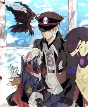 1boy 1girl akari_(pokemon) battle_damage black_coat black_hair black_hat black_sash blue_kimono blue_sky closed_eyes coat darkrai dirty dirty_clothes dirty_face facing_another galaxy_expedition_team_survey_corps_uniform gen_4_pokemon hakugei_(pixiv24061075) hat hat_over_one_eye headband high_collar hisuian_typhlosion ingo_(pokemon) injury japanese_clothes kimono kneeling leaning_on_person legendary_pokemon looking_at_another looking_down mythical_pokemon nintendo on_ground open_clothes open_coat outdoors pachirisu pillar pokemon pokemon_(creature) pokemon_legends:_arceus red_scarf sash scarf shirt shorts sky tearing_up torn_clothes torn_coat torn_hat torn_kimono torn_shorts unconscious white_headband white_shirt