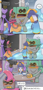 1girl 3boys black_sclera blue_eyeshadow blue_scarf blush cape colored_sclera cozette_(mario) ecks_(mario) eyeshadow highres makeup mario_&amp;_luigi:_brothership mario_&amp;_luigi_rpg mario_(series) multiple_boys muumeeeiii nintendo open_mouth scarf shun_(mario) surprised ten_(mario) translation_request yellow_cape yellow_eyes