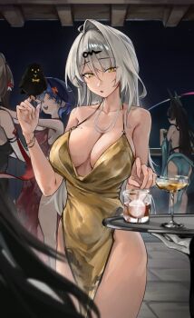 4girls absurdres alternate_costume animal_ears aqua_dress belle_(zenless_zone_zero) bird black_bird black_dress black_hair blue_hair breasts brown_hair champagne_flute cup dress drinking_glass evening_gown fox_ears gold_dress grey_hair hair_ornament hairclip highres hoshimi_miyabi jewelry large_breasts long_hair m3ru mole mole_on_breast multiple_girls necklace night parted_lips pearl_necklace pelvic_curtain red_dress rocks_glass ye_shunguang yellow_eyes yixuan_(zenless_zone_zero) zenless_zone_zero