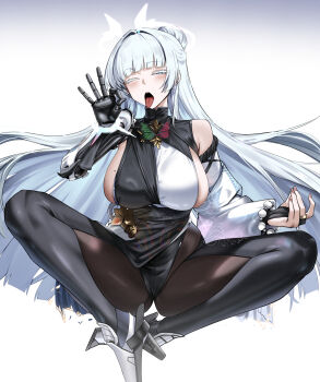 1girl beads breasts cliov colored_eyelashes fellatio_gesture goddess_of_victory:_nikke highres large_breasts long_hair mechanical_arms mole mole_on_breast nayuta_(nikke) pantyhose single_mechanical_arm solo thick_eyelashes unusually_open_eyes very_long_hair white_eyelashes white_hair