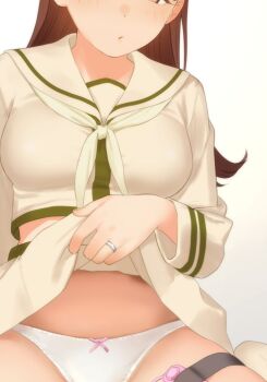 1girl apron blush bow bow_panties breasts brown_eyes brown_hair brown_sailor_collar brown_shirt brown_skirt clothes_lift controller cropped_shirt gradient_background grey_apron jewelry kantai_collection large_breasts lifting_own_clothes long_sleeves looking_at_viewer midriff neckerchief ooi_(kancolle) panties pout remote_control remote_control_vibrator ring sailor_collar sakiecho school_uniform serafuku sex_toy shirt skindentation skirt skirt_lift solo thigh_strap underwear vibrator wedding_ring white_background white_neckerchief white_panties