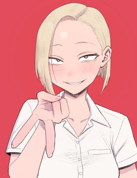 1girl blonde_hair breasts collared_shirt commentary_request forehead gyaru_v highres koma_neko kusagaya_hitomi medium_breasts original red_background shirt short_hair smile solo upper_body v white_shirt