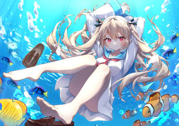 1girl air_bubble arms_up ascot atri atri-my_dear_moments- backlighting bare_legs barefoot black_ribbon blue_sailor_collar blush brown_hair brown_shoes bubble closed_mouth commentary_request convenient_leg drawing_kanon dress dutch_angle feet fish floating_hair foreshortening full_body hair_between_eyes hair_ribbon legs loafers long_hair long_sleeves looking_at_viewer red_ascot red_eyes ribbon sailor_collar sailor_dress second-party_source shoes short_dress smile soles solo split_mouth submerged toenails toes two_side_up underwater unworn_shoes very_long_hair white_dress wide_sleeves