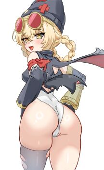 1girl absurdres ass bare_shoulders blonde_hair blush braid breasts cameltoe cape fang from_behind genshin_impact gloves green_eyes hat highres huge_ass jahoda_(genshin_impact) leotard long_hair looking_at_viewer looking_back medium_breasts open_mouth sideboob single_thighhigh skin_fang skindentation smile solo sunglasses thick_thighs thighhighs thighs zancrowkami