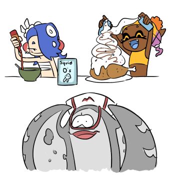 1boy 2girls ^_^ androgynous bad_food bare_shoulders big_man_(splatoon) blonde_hair blue_hair boffix bowl cereal_box chest_sarashi chibi chicken_(food) closed_eyes constricted_pupils cream dark-skinned_female dark_skin earrings food frye_(deep_cut_outfit)_(splatoon) frye_(splatoon) gradient_hair hachimaki hands_on_own_head happy headband highres hikimayu hot_sauce inkling inkling_player_character jewelry manta_ray milk multicolored_hair multiple_earrings multiple_girls nejiri_hachimaki nintendo octoling octoling_player_character pointy_ears sarashi shawl shiver_(deep_cut_outfit)_(splatoon) shiver_(splatoon) smile spicy splatoon_(series) splatoon_3 suction_cups tentacle_hair tooth_earrings what whipped_cream wide-eyed worried yellow_crop_top yellow_shawl