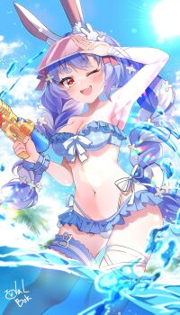 1girl animal_ear_fluff arm_up armpits bare_shoulders bikini blue_bikini blue_hair blue_sky blue_wrist_cuffs braid braided_twintails breasts cleavage day feet_out_of_frame frilled_bikini frills hair_ornament hand_up holding holding_water_gun hololive leg_ribbon lens_flare light_blush long_hair looking_at_viewer low_twintails medium_breasts multi-strapped_bikini_bottom multicolored_hair navel one_eye_closed open_mouth outdoors palm_tree plaid_bikini plaid_clothes rabbit-shaped_pupils rabbit_ears rabbit_hair_ornament red_eyes red_visor ribbon shading_eyes short_eyebrows signature skindentation sky smile solo standing strapless strapless_bikini sun sunlight swept_bangs swimsuit symbol-shaped_pupils teeth thick_eyebrows thigh_ribbon thigh_strap todalbok106 tree twintails upper_teeth_only usada_pekora very_long_hair virtual_youtuber visor_cap wading water water_gun white_hair white_ribbon wrist_cuffs wrist_ribbon x_hair_ornament
