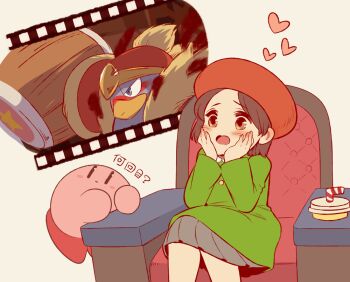 Rule 34 | 1girl, adeleine, beret, blue eyes, blush, blush stickers, chair, colored skin, commentary request, cup, disposable cup, drinking straw, facepaint, grey skirt, hammer, hands on own cheeks, hands on own face, hat, heart, king dedede, kirby, kirby (series), kirby and the forgotten land, nintendo, on chair, open mouth, pink skin, red hat, sitting, skirt, star (symbol), taharu (papiyas), translation request