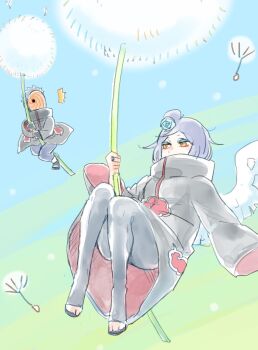 1boy 1girl akatsuki_(naruto) akatsuki_uniform black_hair breasts dandelion flower full_body gloves hair_bun highres konan_(naruto) makeup mask meitarou naruto_(series) naruto_shippuuden orange_eyes purple_hair short_hair tobi_(naruto) uchiha_obito