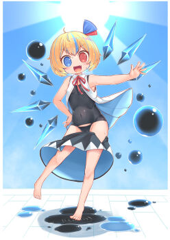 1girl :d @_@ absurdres barefoot black_one-piece_swimsuit black_skirt blonde_hair blue_bow blue_eyes blue_hair blue_sky blush bow breasts cirno clear_sky clothes_pull collared_shirt commentary_request covered_navel fang full_body fusion hair_bow harunoha heterochromia highres ice ice_wings looking_at_viewer multicolored_hair one-piece_swimsuit open_clothes open_mouth open_shirt outdoors puddle red_bow red_eyes rumia shirt short_hair skirt skirt_pull sky small_breasts smile solo standing streaked_hair sun swimsuit touhou v-shaped_eyebrows variant_set water white_shirt wings