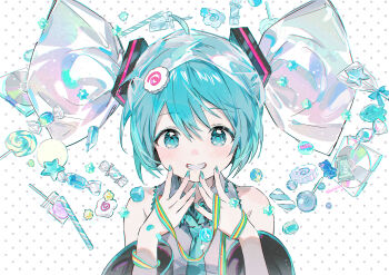 1girl aqua_necktie balabling black_sleeves blue_eyes blue_hair blush candy cd_case commentary detached_sleeves english_commentary food food-themed_hair_ornament grey_shirt grin gummy_bear hair_ornament hatsune_miku highres lollipop looking_at_viewer necktie polka_dot polka_dot_background shirt simple_background sleeveless sleeveless_shirt smile solo star_(symbol) vocaloid white_background wrapped_candy