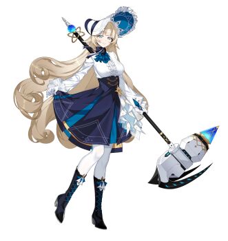 1girl :d alpha_transparency ascot black_boots blonde_hair blue_ascot blue_ribbon blue_skirt blunt_bangs bonnet boots breasts center_frills commentary counter:side curled_ends english_commentary frilled_sleeves frills full_body gloves green_eyes hammer high_heel_boots high_heels highres holding holding_hammer holding_weapon lace-up_boots large_breasts leg_up long_hair long_sleeves looking_at_viewer medea_davis neck_ribbon official_art open_mouth pantyhose pinstripe_pattern pleated_skirt ribbon shirt simple_background skirt skirt_hold smile solo standing tachi-e transparent_background underbust very_long_hair weapon white_bonnet white_gloves white_pantyhose white_shirt