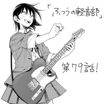 1girl :d absurdres blazer blush collared_shirt commentary_request copyright_name cowboy_shot dress_shirt electric_guitar fender_telecaster futsuu_no_keion-bu greyscale guitar guitar_strap hand_up hatono_chihiro highres holding holding_guitar holding_instrument holding_plectrum instrument jacket mangakashibou monochrome neck_ribbon open_clothes open_jacket open_mouth pleated_skirt plectrum ribbon school_uniform shirt shirt_tucked_in short_hair simple_background skirt smile solo teeth upper_teeth_only white_background wing_collar winter_uniform