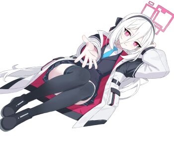 1girl black_boots black_bow black_hairband black_skirt black_thighhighs black_vest blue_archive blue_necktie boots bow bright_pupils chinese_commentary closed_mouth collared_shirt commentary double-parted_bangs dutch_angle full_body hair_between_eyes hair_bow hairband halo hand_up highres jacket kei_(blue_archive) kei_(new_body)_(blue_archive) knees_up long_hair long_hair_between_eyes long_sleeves looking_at_viewer lying miniskirt necktie on_back open_clothes open_jacket outstretched_hand pink_halo pleated_skirt reaching reaching_towards_viewer rectangular_halo red_eyes ringed_eyes school_uniform shirt simple_background skirt smile solo split_mouth thighhighs tsurime very_long_hair vest white_background white_hair white_jacket white_pupils white_shirt zettai_ryouiki zq15850716285