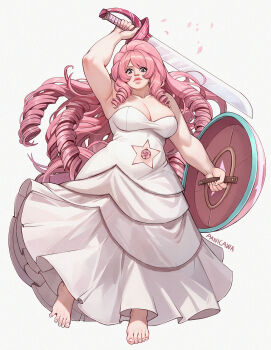 Rule 34 | 1girl, adelheid (moschiola), bare shoulders, breasts, brown eyes, cleavage, clothing cutout, curly hair, dress, full body, gem, gem (steven universe), highres, holding, large breasts, long hair, looking at viewer, pink hair, plump, puffy lips, rose's shield (steven universe), rose's sword (steven universe), rose quartz (species) (steven universe), rose quartz universe, shield, solo, star cutout, steven universe, stomach jewel, sword, thick thighs, thighs, very long hair, weapon, white dress