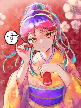 1girl artist_name commentary cone_horns drunk flower food fruit green_hair hair_bun hair_flower hair_ornament hands_up head_tilt holding holding_food holding_fruit horns japanese_clothes kimono looking_at_viewer lum miz_mus multicolored_hair obi oni orange_eyes parted_lips pink_flower pink_hair pointy_ears purple_hair purple_sash red_background sash short_hair solo speech_bubble translated twitter_username umeboshi upper_body urusei_yatsura white_flower yellow_kimono