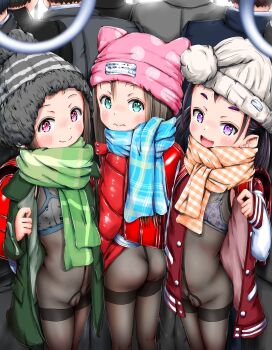 3girls age_difference ass blush bra censored cleft_of_venus embarrassed exhibitionism flat_chest higeepon highres lingerie loli looking_at_viewer multiple_boys multiple_girls nipples no_panties pantyhose public_indecency public_transit scarf see-through_clothes smile subway tagme thighs third-party_edit training_bra underwear undressing woollen_cap