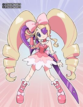 1girl blonde_hair blue_eyes boots bow colored_eyepatch dress drill_hair earrings eyepatch footwear_bow frilled_wrist_cuffs frills hair_bow harime_nui heart heart_earrings holding holding_weapon hue_shifting jewelry kill_la_kill lolita_fashion long_hair pink_boots pink_dress pink_wrist_cuffs scissor_blade_(kill_la_kill) smile starartwork03 twin_drills twintails weapon wrist_cuffs