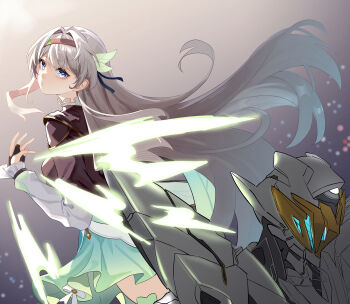 Rule 34 | 1girl, absurdres, black hairband, black jacket, bridal gauntlets, commentary request, dress, firefly (honkai: star rail), gradient hair, green dress, green hair, grey hair, hair between eyes, hair intakes, hair ornament, hairband, highres, honkai: star rail, honkai (series), jacket, long hair, long sleeves, looking at viewer, looking back, multicolored hair, pink eyes, qingshi (jntw5555), sam (honkai: star rail), very long hair