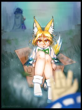 3girls absurdres animal_ear_fluff animal_ears blonde_hair blurry blurry_foreground blush box cardboard_box chinese_commentary cloak cloud cloudy_sky depth_of_field female_pov fox_ears fox_girl fox_tail grass green_ribbon highres hugging_own_legs iizunamaru_megumu in_box in_container knees_up kudamaki_tsukasa looking_at_viewer multiple_girls open_mouth orange_eyes outdoors outstretched_hand pov puddle rain ribbon romper short_sleeves sitting sky sleepymoon socks solo_focus sparkle tail tenkyuu_chimata thick_eyebrows touhou twitter_username unconnected_marketeers water_drop white_romper white_socks