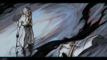 2others abs baggy_pants censored censored_identity faceless from_above full_body highres holding holding_sword holding_weapon hole_in_chest hole_on_body jacket letterboxed logicsterrr looking_at_another multiple_others pants pectorals ripples short_hair standing sword type://soul weapon weapon_on_back white_hair white_jacket wind