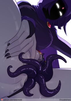 Rule 34 | 1girl, anus, artist name, ass, black leotard, black panties, breasts, cape, chrysalisdraws, clitoris, colored pussy, colored skin, covered erect nipples, curvy, dc comics, fingernails, forehead jewel, from below, gem, glowing, glowing eyes, grey skin, hand on own thigh, highleg, highleg leotard, highres, image sample, knees out of frame, large breasts, leotard, looking at viewer, panties, patreon logo, patreon sample, patreon username, purple cape, purple hair, purple hood, pussy juice, raven (dc), red gem, shade, shaded face, sharp fingernails, shiny skin, short hair, simple background, sleeved leotard, solo, spread pussy, spreading own pussy, tentacles, thighs, thong leotard, uncensored, underwear, white background, white eyes, wide hips