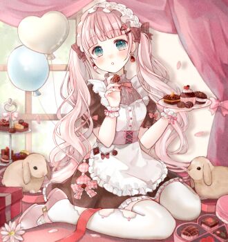 Rule 34 | 1girl, :o, animal, apron, balloon, beads, black dress, black eyes, blue eyes, blunt bangs, blush, bow, bowtie, box, box of chocolates, brown dress, buttons, candy heart, center frills, chocolate, chocolate hair ornament, commentary request, curtains, dress, earrings, falling petals, fingernails, flower, food, food-themed earrings, food-themed hair ornament, food themed earrings, frilled apron, frilled hairband, frilled shirt collar, frilled wrist cuffs, frills, fruit, full body, gift, hair ornament, hairband, hands up, heart, heart-shaped box, heart balloon, heart hair ornament, highres, holding, holding chocolate, holding food, holding plate, icing, indoors, jewelry, long hair, looking at viewer, mary janes, muffin, nail polish, open mouth, orange (fruit), original, pastry, petals, pink bow, pink bowtie, pink flower, pink nails, pink petals, pink shoes, plaid bow, plate, puffy short sleeves, puffy sleeves, rabbit, red bow, shoes, short sleeves, sitting, socks, solo, strawberry earrings, tententuyu, thighhighs, tiered tray, twintails, valentine, very long hair, wariza, wavy hair, white apron, white socks, window, wrist cuffs