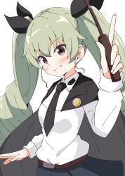 Rule 34 | 1girl, absurdres, aikawa ryou, anchovy (girls und panzer), belt, belt buckle, black cape, black necktie, black ribbon, blue skirt, blush, breasts, brown belt, brown eyes, buckle, cape, collared shirt, commentary request, girls und panzer, green hair, grin, hair ribbon, hand up, highres, holding, long hair, looking at viewer, necktie, pleated skirt, ribbon, riding crop, ringlets, shirt, simple background, skirt, small breasts, smile, solo, twintails, very long hair, white background, white shirt