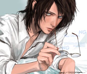 1other bed_sheet brown_eyes brown_hair closed_mouth collared_shirt dated glasses hair_between_eyes hange_zoe highres holding holding_removed_eyewear looking_at_viewer lying medium_hair on_stomach popsweetyio shingeki_no_kyojin shirt signature sleeves_rolled_up solo unworn_eyewear upper_body white_shirt