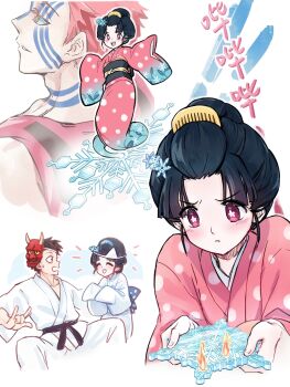 Rule 34 | 1girl, 2boys, akaza (kimetsu no yaiba), antatica11, black hair, chinese commentary, comb, commentary request, dougi, dual persona, eyes visible through hair, facial tattoo, frown, hair ornament, hair pulled back, hakuji (kimetsu no yaiba), highres, holding, japanese clothes, karate gi, kimetsu no yaiba, kimono, koyuki (kimetsu no yaiba), mask, mask on head, multiple boys, oni mask, open mouth, pink hair, pink kimono, polka dot, polka dot kimono, purple eyes, sleeves past wrists, smile, snowflake hair ornament, snowflakes, sweatdrop, tattoo, triangular headpiece, white kimono, wide sleeves, yellow eyes