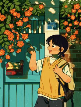 Rule 34 | 1girl, backpack, bag, black eyes, black hair, bright pupils, brown sweater vest, commentary request, day, flower, highres, korean commentary, low ponytail, mailbox (incoming mail), open mouth, outdoors, ponytail, school uniform, shirt, short hair, short ponytail, sihyun25, solo, sweater vest, teeth, tongue, white pupils, white shirt