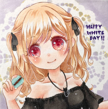 1girl absurdres acoya2022 black_shirt blonde_hair blush closed_mouth collarbone commentary_request english_text food hand_up happy_white_day highres holding holding_food jewelry long_hair looking_at_viewer marker_(medium) necklace no_pupils off-shoulder_shirt off_shoulder original parted_bangs red_eyes shirt short_sleeves smile solo traditional_media two_side_up upper_body wavy_hair white_day