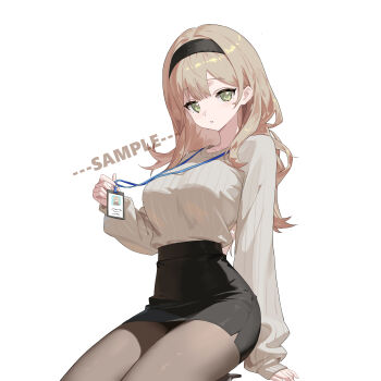 1girl absurdres black_skirt breasts brown_hair brown_pantyhose green_eyes hairband high-waist_skirt highres id_card large_breasts long_hair long_sleeves looking_at_viewer miniskirt original pantyhose parted_lips pencil_skirt ribbed_shirt shirt shirt_tucked_in simple_background skirt solo white_background white_shirt youtanhuayuan255