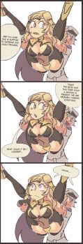 1boy 1girl 3koma blonde_hair blue_eyes bodystocking breasts cape circlet cleavage comic davewaterfalls fire_emblem fire_emblem_fates full_nelson midriff navel nintendo ophelia_(fire_emblem) sailor simple_background speech_bubble