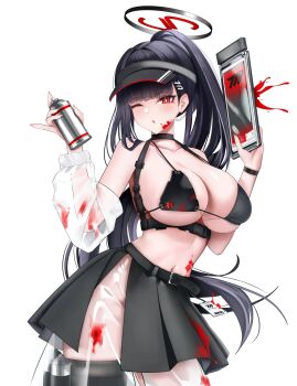 1girl bare_shoulders belt black_belt black_bra black_choker black_hair black_halo black_hat black_skirt black_thighhighs blue_archive blunt_bangs blush bra breasts chest_harness choker cleavage collarbone contrapposto detached_sleeves halo hands_up harness hat hezzu_0 highres holding holding_spray_can holding_tablet_pc id_card large_breasts long_hair looking_at_viewer millennium_science_school_logo navel one_eye_closed open_mouth paint_on_body paint_on_clothes paint_splatter paint_splatter_on_face pleated_skirt red_eyes rio_(blue_archive) see-through_clothes see-through_sleeves simple_background single_detached_sleeve skirt solo spray_can standing strap string_bra tablet_pc thighhighs underwear very_long_hair visor_cap white_background wristband