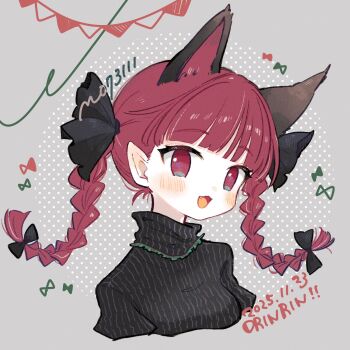 1girl :d animal_ears artist_name black_bow black_dress blunt_bangs blush bow braid breasts cat_ears cat_girl character_name colored_inner_animal_ears commentary_request cropped_torso dress extra_ears fang grey_background hair_bow highres kaenbyou_rin long_hair looking_at_viewer m_(m073111) medium_breasts open_mouth pointy_ears polka_dot polka_dot_background red_eyes red_hair signature smile solo string_of_flags touhou twin_braids twintails
