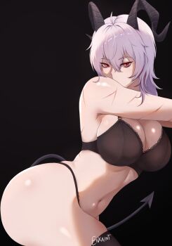 Rule 34 | 1girl, absurdres, ahoge, artist name, bare shoulders, black bra, black horns, black panties, black thighhighs, bra, breasts, cleavage, curled horns, enxaint, grey hair, hair between eyes, highres, horns, large breasts, long hair, multiple scars, navel, panties, red eyes, scar, solo, stomach, thighhighs, underwear, wuthering waves, zani (wuthering waves)