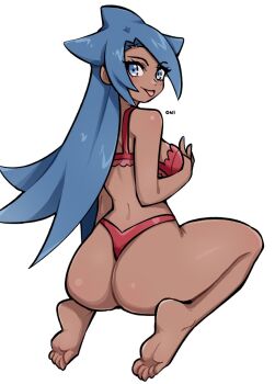 1girl ass barefoot bikini blue_eyes blue_hair breasts commentary dark-skinned_female dark_skin feet from_behind full_body highres large_breasts long_hair looking_at_viewer looking_back oninuer original red_bikini shaaku_(oninuer) simple_background sitting smile soles solo swimsuit toes tongue tongue_out white_background