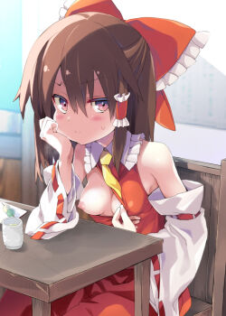 1girl bare_shoulders blush bow breasts breath brown_hair chair closed_mouth clothes_pull cup dango detached_sleeves dress female_focus flashing food frilled_bow frilled_shirt_collar frills hair_bow hair_tubes hakurei_reimu hand_on_own_cheek hand_on_own_face large_bow long_hair long_sleeves looking_at_viewer necktie nipples on_chair one_breast_out oppai_challenge presenting_breasts purple_eyes red_dress ribbon-trimmed_sleeves ribbon_trim sidelocks sitting small_breasts smile solo sweat table tororo_(toriaezu) touhou v-shaped_eyebrows wagashi wide_sleeves wooden_table yellow_necktie yunomi
