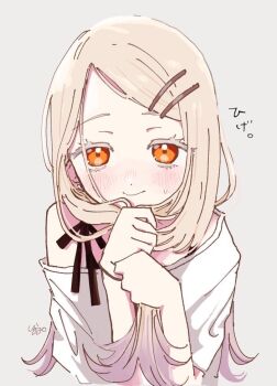 Rule 34 | 1girl, blonde hair, blush, closed mouth, commentary request, earrings, gakuen idolmaster, gradient hair, grey background, grey hair, hair ornament, hairclip, hands up, holding, holding own hair, idolmaster, jewelry, long hair, looking at viewer, multicolored hair, nose blush, orange eyes, parallel hairclips, shinosawa hiro, shirt, short sleeves, simple background, single off shoulder, small sweatdrop, smile, solo, spaghetti strap, stud earrings, syrup7979, translation request, upper body, white shirt, wristband