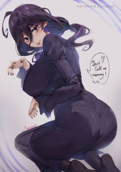 1girl alternate_breast_size_(larger) black_dress black_hair black_pantyhose blush breasts closed_mouth dress earrings english_text hair_between_eyes heart hex_maniac_(pokemon) hex_maniac_(pokemon_legends:_z-a) highres jewelry juliet_sleeves large_breasts liremi long_hair long_sleeves looking_at_viewer looking_back neck_ribbon nintendo pantyhose pokemon pokemon_legends:_z-a puffy_sleeves purple_eyes purple_ribbon ribbon smile solo speech_bubble