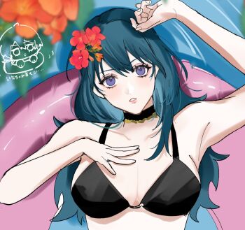1girl armpits bare_shoulders bikini black_bikini black_choker blue_eyes blue_hair blush breasts choker cleavage female_byleth_(fire_emblem) female_byleth_(summer)_(fire_emblem) fire_emblem fire_emblem:_three_houses fire_emblem_heroes flower hair_flower hair_ornament hibiscus highres innertube large_breasts long_hair looking_at_viewer nintendo official_alternate_costume parted_lips red_flower solo swim_ring swimsuit tani11a upper_body water