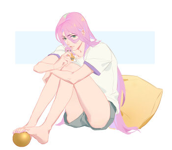 1boy androgynous ball barefoot border collarbone commentary_request full_body hachisuka_kotetsu hair_between_eyes holding knees_up long_hair looking_at_viewer male_focus ncww_rinichi pillow pink_hair shirt short_sleeves shorts simple_background sitting solo touken_ranbu white_border