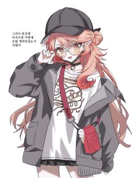 1girl arknights baseball_cap black_choker black_hat black_jacket black_skirt casual choker cowboy_shot glasses grey_background hair_bun haruka_(arknights) haruka_(casual)_(arknights) hat highres jacket korean_text looking_at_viewer miniskirt official_alternate_costume open_clothes open_jacket open_mouth orange_eyes orange_hair pleated_skirt pointy_ears red_bag round_eyewear shirt simple_background skirt solo syst098 t-shirt translation_request white_shirt