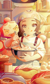 1girl absurdres ansha_(pokemon) apron black_hair blackcaaaat blue_apron blue_eyes blue_headscarf bowl braid closed_eyes closed_mouth colored_sclera commentary_request donut donut_print egg food food_print gen_6_pokemon headscarf highres holding holding_bowl holding_spoon hoopa hoopa_(confined) kitchen legendary_pokemon long_hair long_sleeves mixing mixing_bowl mythical_pokemon nintendo open_mouth pokemon pokemon_(creature) pokemon_legends:_z-a shirt smile spoon tongue tongue_out white_shirt yellow_sclera