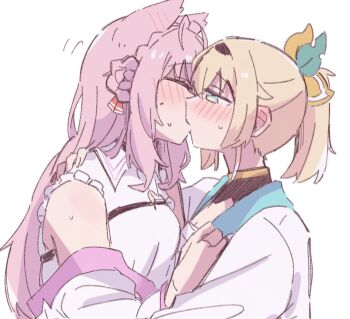 2girls animal_ears blonde_hair blue_eyes blush closed_eyes collared_shirt hakui_koyori hand_on_another&#039;s_shoulder hololive hzy_ka jacket kazama_iroha kiss long_hair multiple_girls pink_hair ponytail shirt simple_background sweat virtual_youtuber white_background white_jacket white_shirt wolf_ears yuri