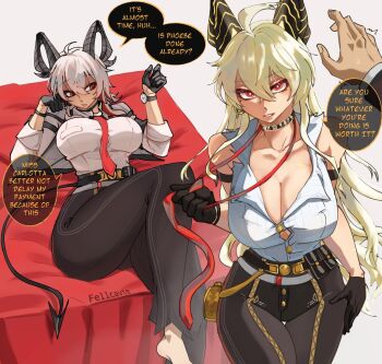 1boy 1girl arm_pouch bare_shoulders black_choker black_gloves black_horns black_jacket black_pants black_tail breasts button_gap chest_harness choker cleavage curled_horns demon_tail earrings fellcavte gloves grey_hair hair_between_eyes harness high-waist_pants highres horns jacket jacket_on_shoulders jewelry key_earrings large_breasts long_hair looking_at_viewer low_ponytail multiple_views necktie pants parted_lips ponytail pouch red_eyes red_necktie scar shirt shirt_tucked_in tail tight_clothes tight_pants undressing white_shirt wuthering_waves yellow_eyes zani_(wuthering_waves)