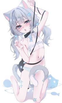 Rule 34 | 1girl, absurdres, animal ears, bandaid, bare shoulders, black choker, blue eyes, blush, bow, bra strap, breasts, cat-shaped pillow, cat ears, cat girl, cat hair ornament, cat tail, chedisu, choker, collar, commentary request, fish, grey hair, hair between eyes, hair ornament, hairclip, hennyano (nachoneko), highres, indie virtual youtuber, kneeling, long hair, looking at viewer, nachoneko, navel, open mouth, panties, paw pose, paw print, ribbon, shirt, simple background, small breasts, solo, striped clothes, striped panties, tail, thighs, twintails, underwear, vest, virtual youtuber, white background